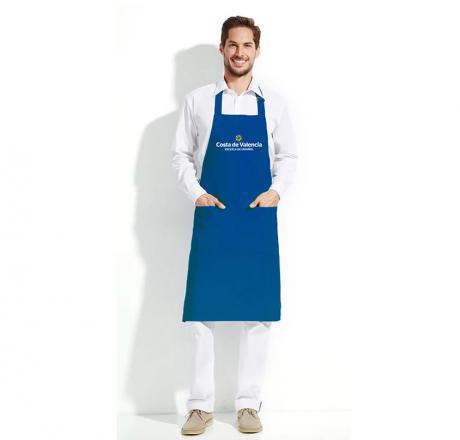 Long apron, with pocket, blue, with Costa de Valencia, escuela de español logo
